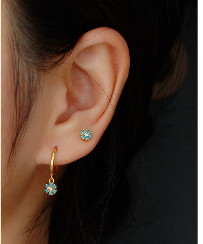 925 Sterling Silver Tiny Flower Turquoise CZ Screw Back Stud Earrings 5mm K36A