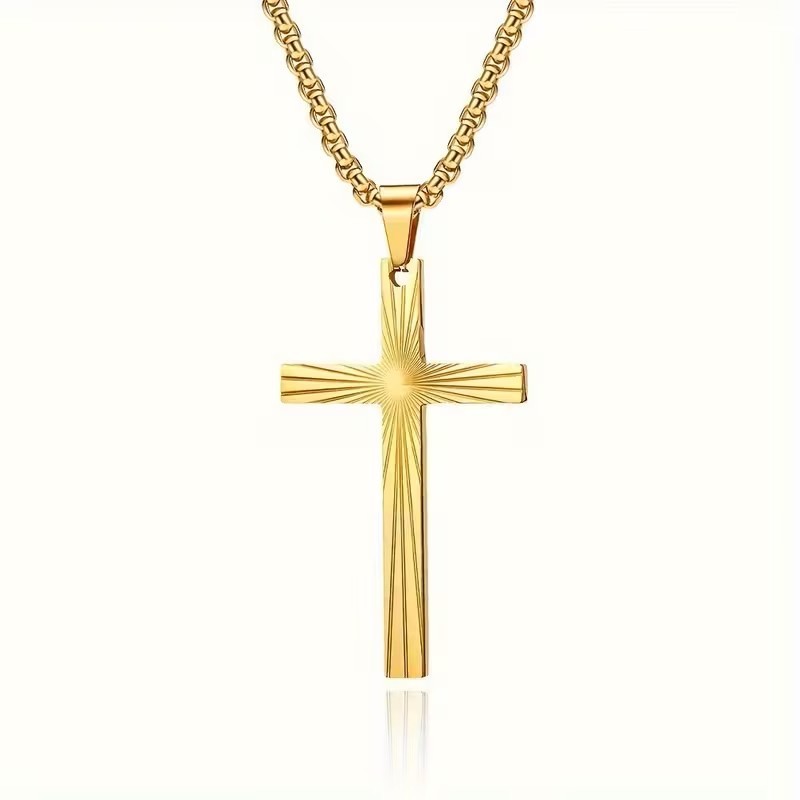 Christian Cross Pendant Necklace Sunburst Etched Chain Faith Jewelry Gift