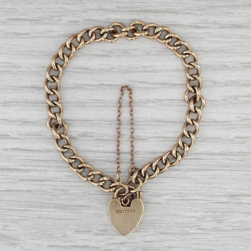 Vintage Pad Lock Heart Charm Bracelet 9k Yellow Gold 7″ Curb Chain British