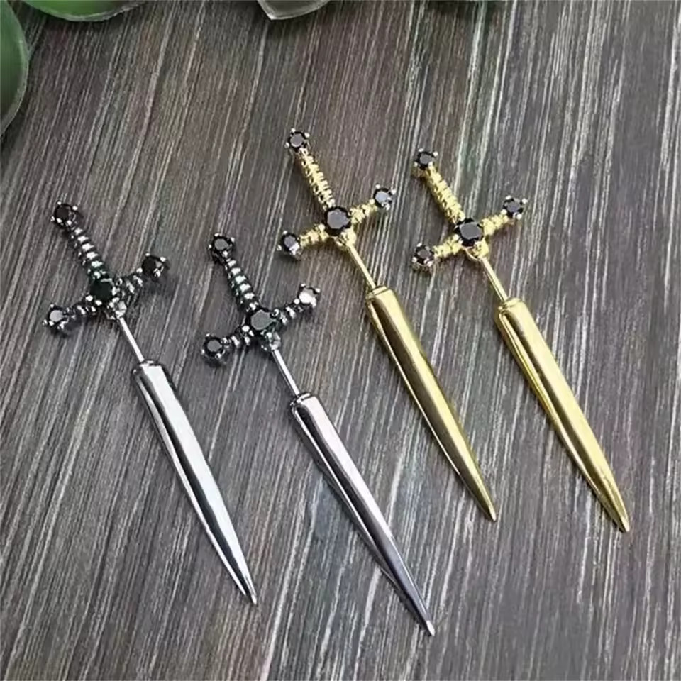 2pcs Gothic Sword Stud Earrings, Vintage Punk Crystal Dagger Ear Piercing Jewelr