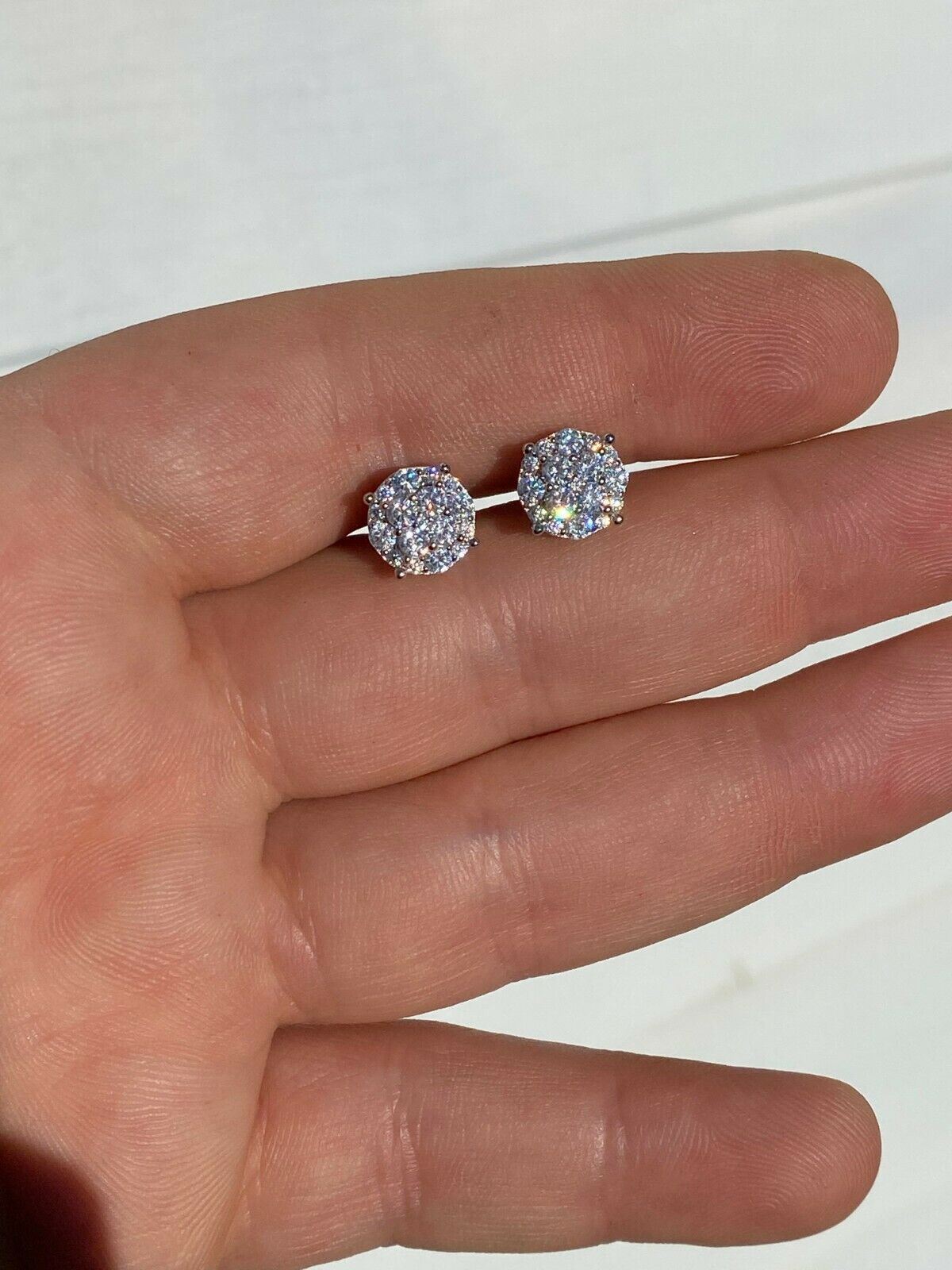 Real Solid 925 Silver Iced Simulated Diamonds Earrings 1/3″ Cluster Round Studs
