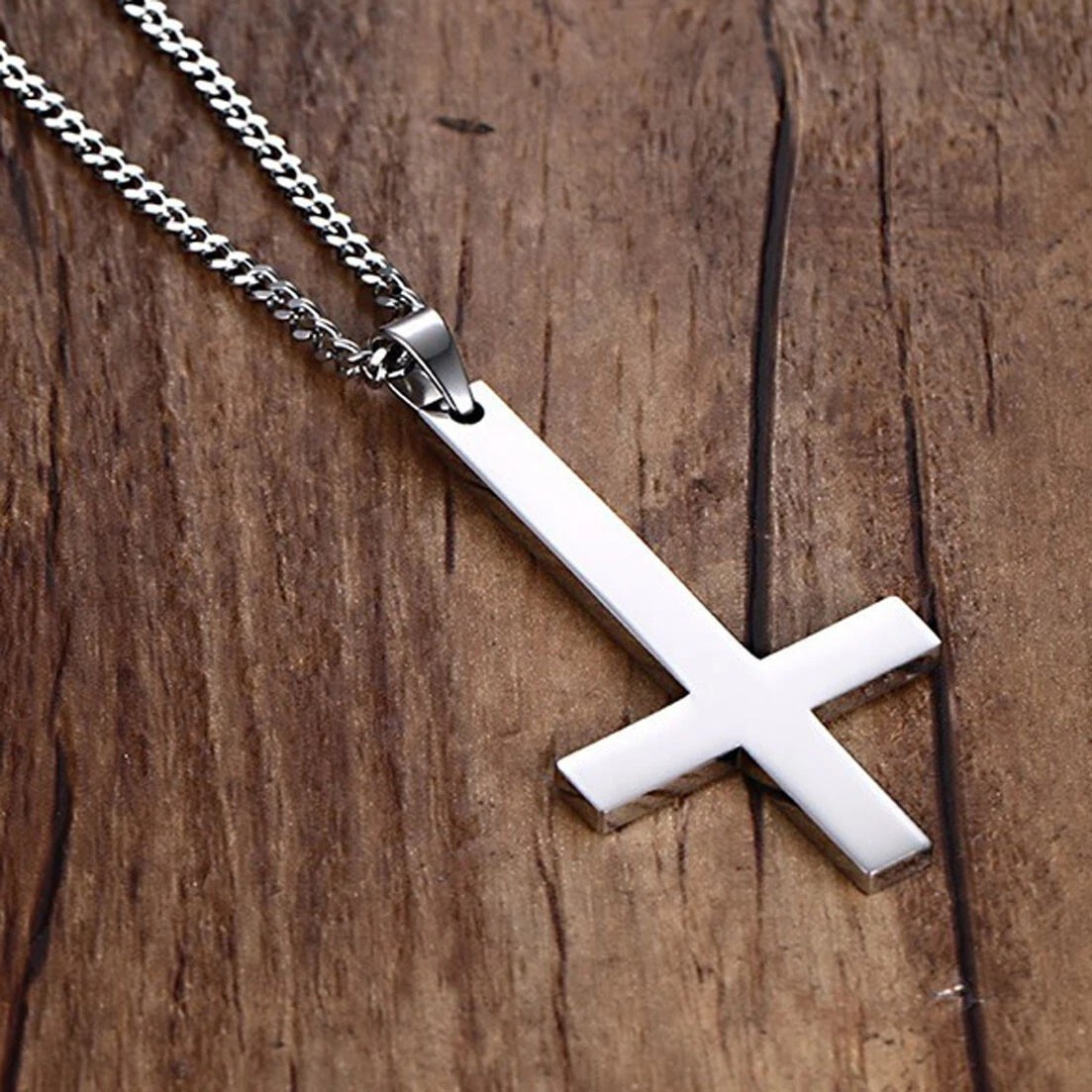 Silver Saint Peter’s Cross Necklace Inverted Stainless Steel Pendant Punk Goth
