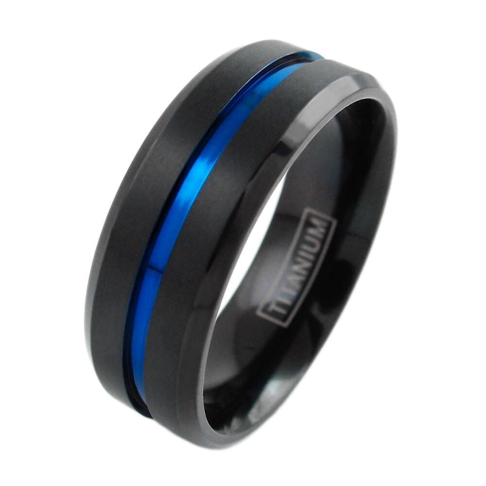 6/8mm Black Titanium Men’s Thin Blue Line Brushed Wedding Band Ring