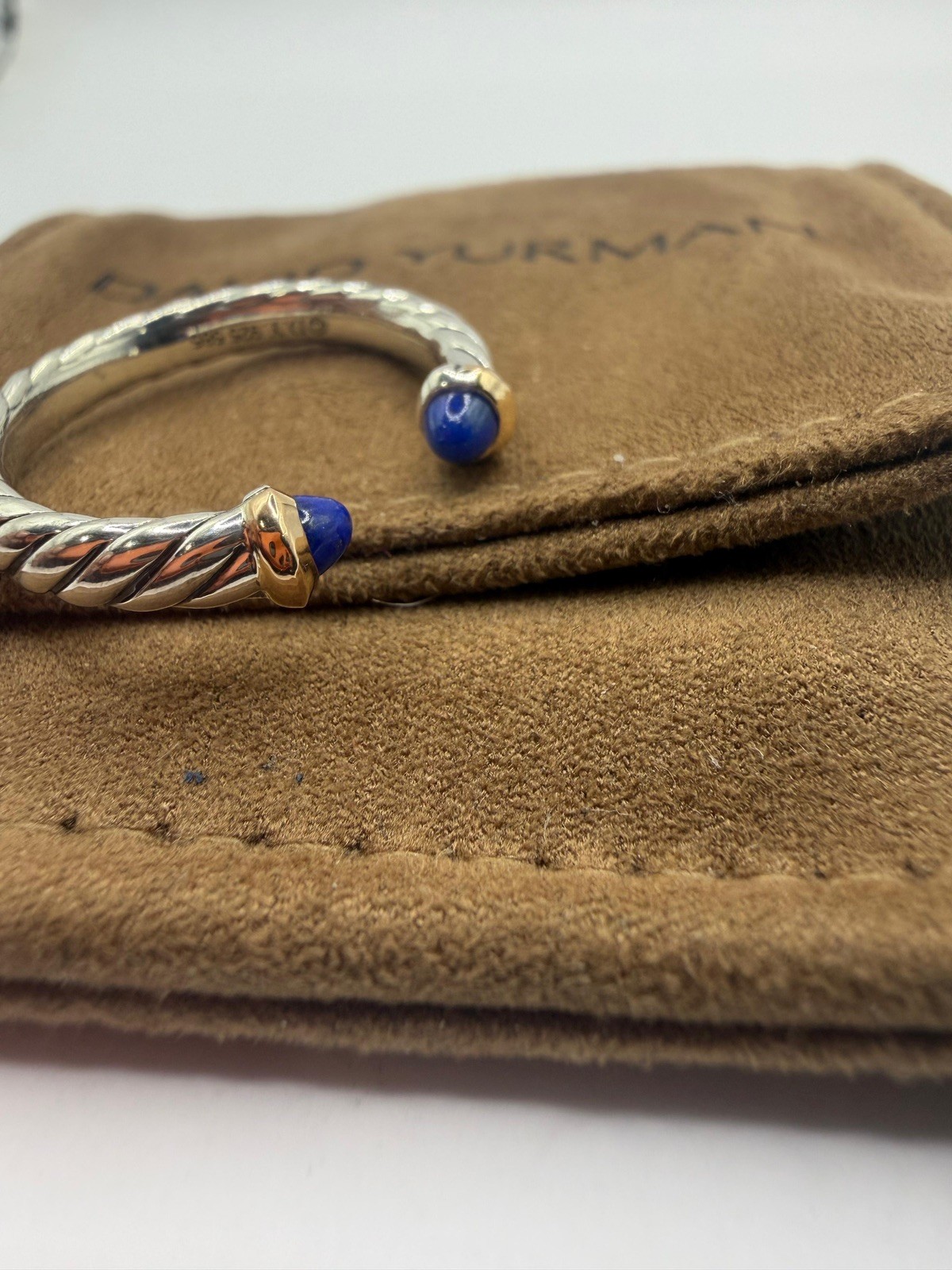 David Yurman Sterling Silver Petite Cable Open Ring W/ 14k Gold & Lapis Size 7