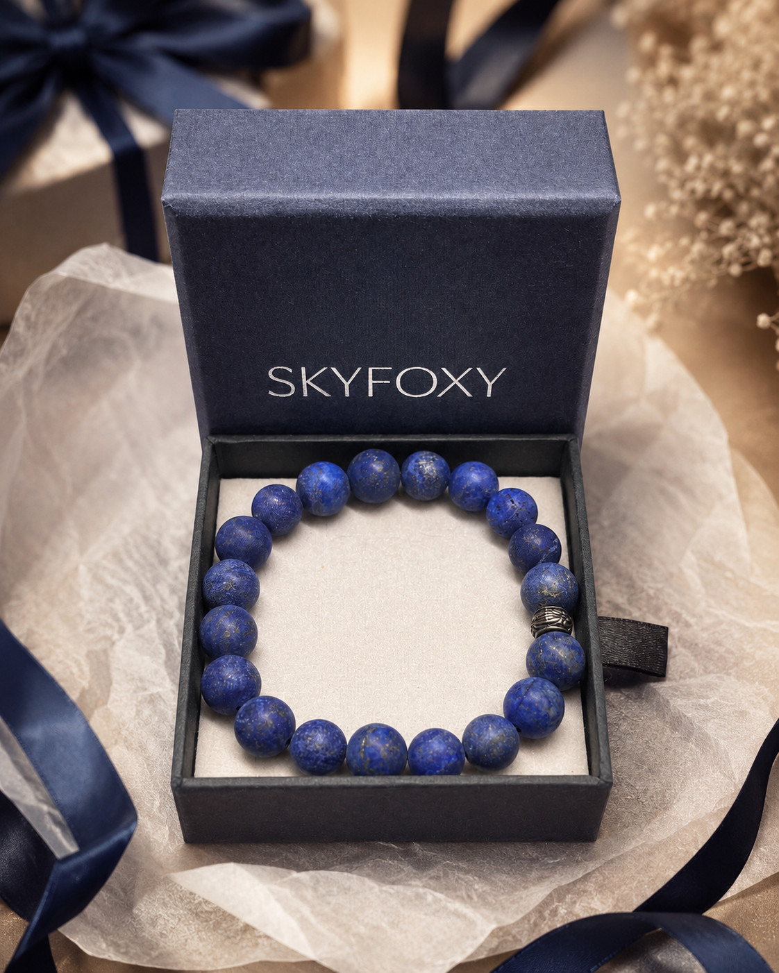 SkyFoxy Matte Lapis Lazuli 10mm Beaded Stretch Bracelet 7.5 8.5 in