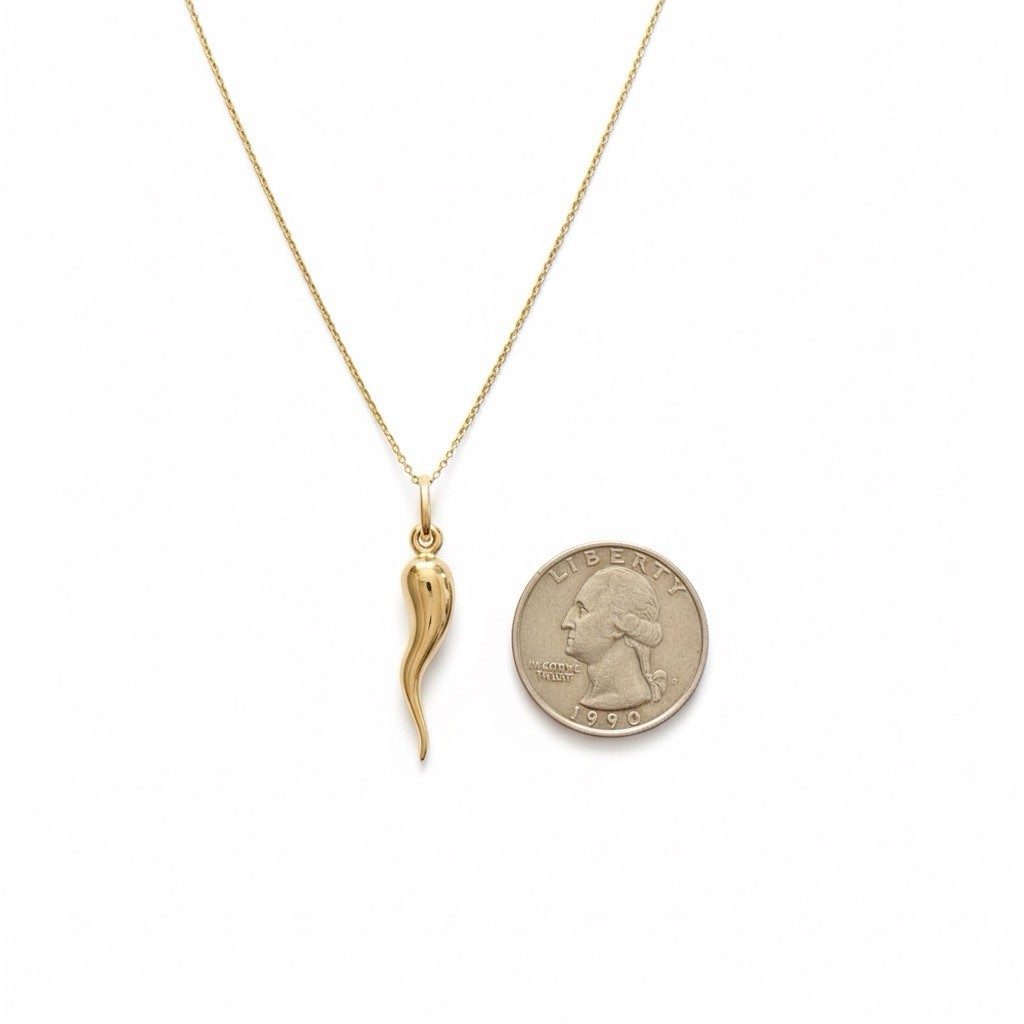 Solid 14k Yellow Gold Italian Horn And Chain Set