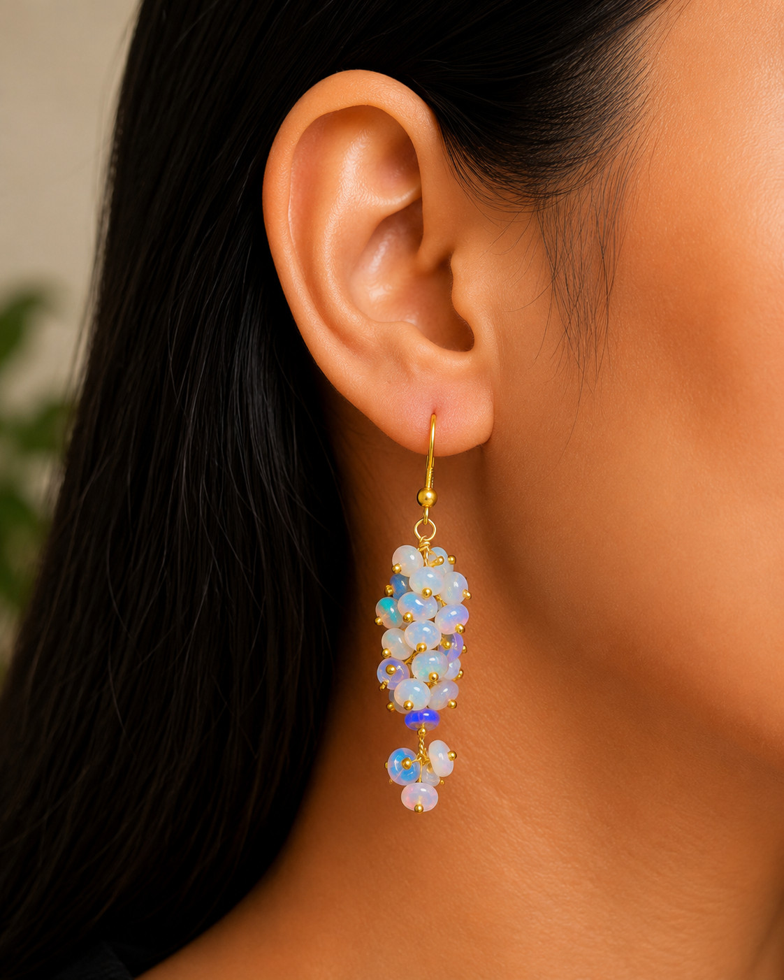 Ethiopian White Opal Gemstone Beads Cluster Earring, Multifire Opal Beaded Gold