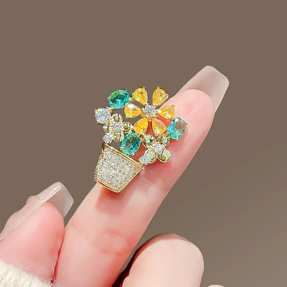 Easter Spring Flower Basket Brooch Sparkling Rhinestone Crystal Pin Jewelry Gift