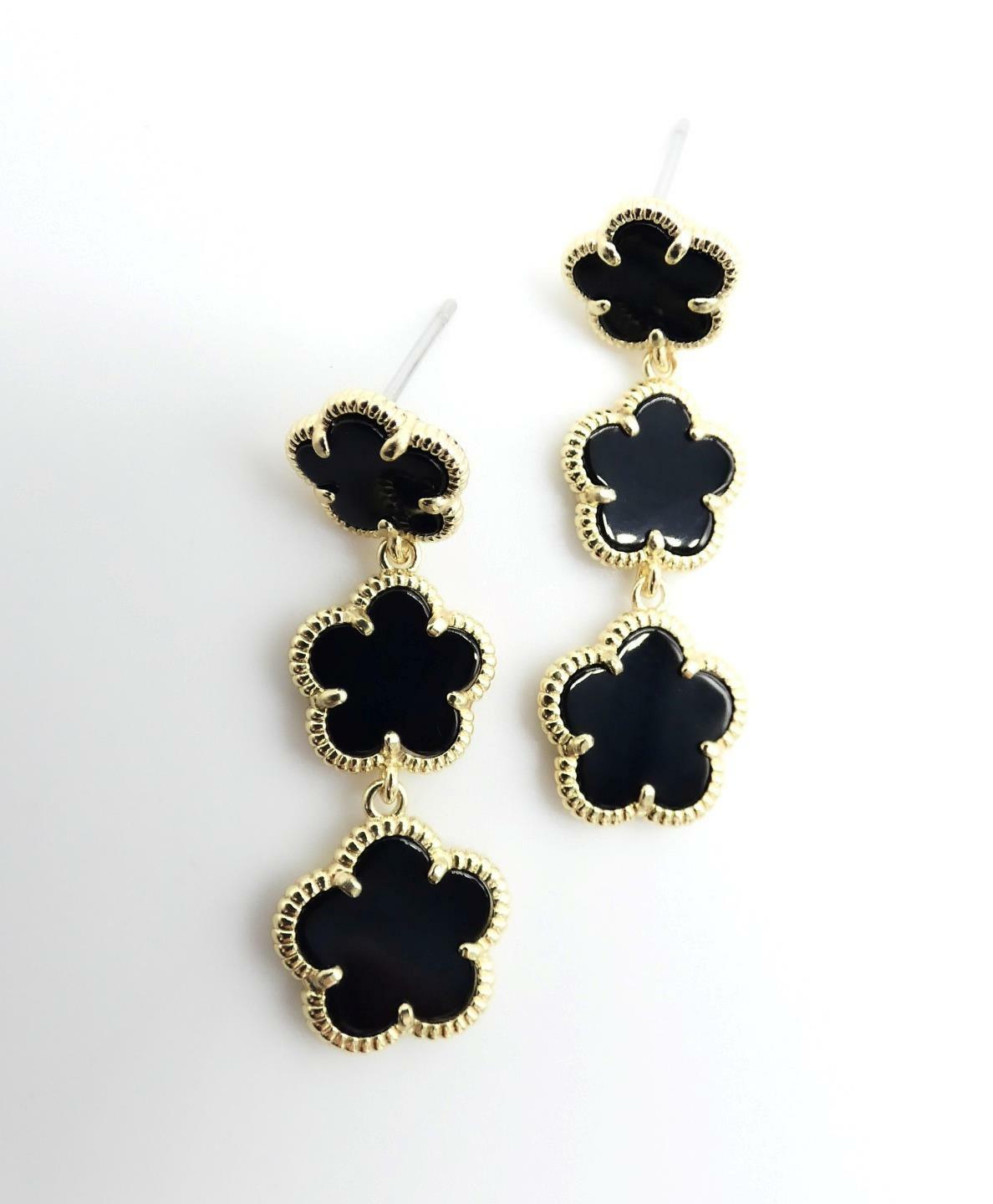 EXQUISITE Lightweight 18kt Gold Plated Triple Black Onyx 5 Petal Flower Earrings