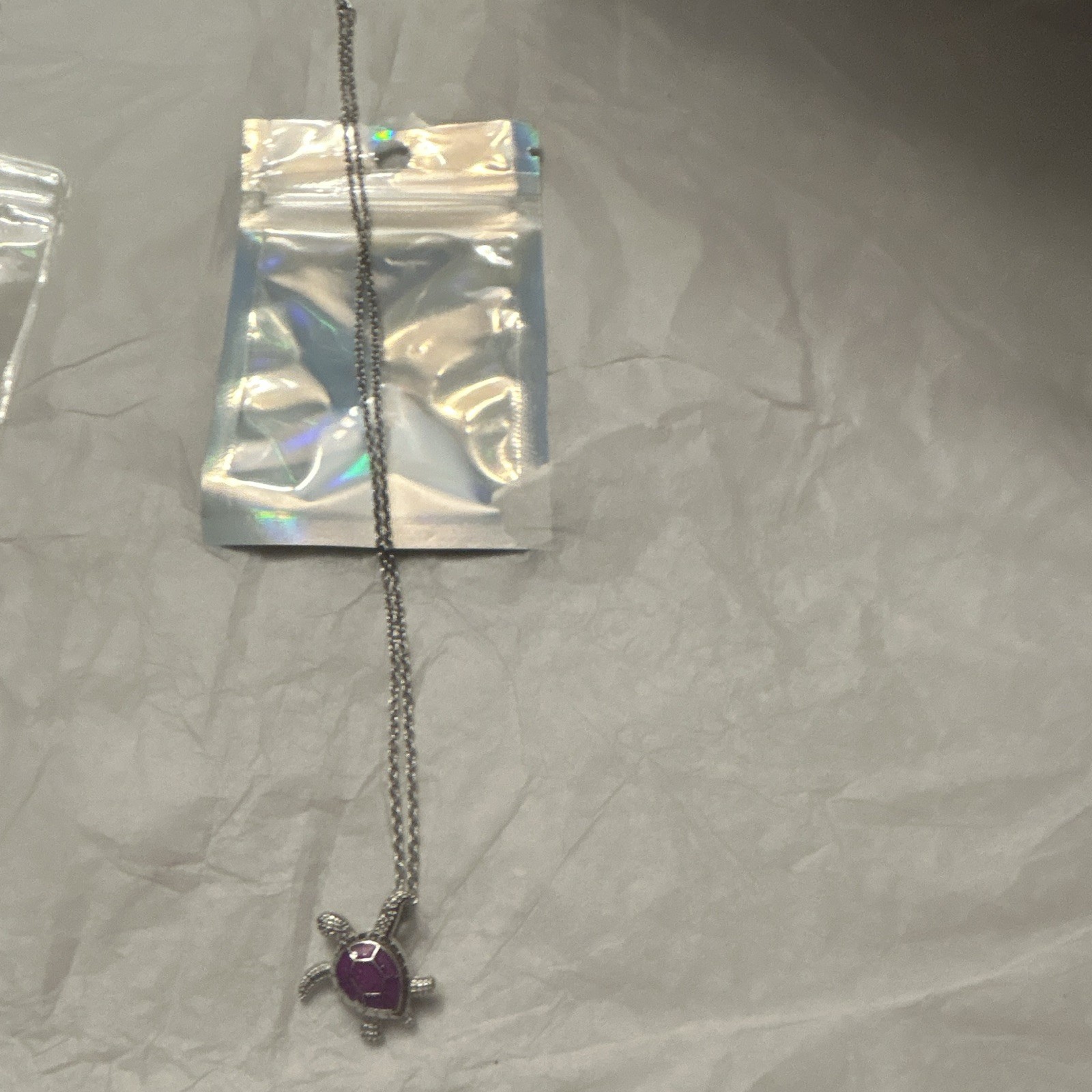 Silver Tone Cable Chain Necklace Purple Stone Turtle Charm Pendant Lobster Clasp