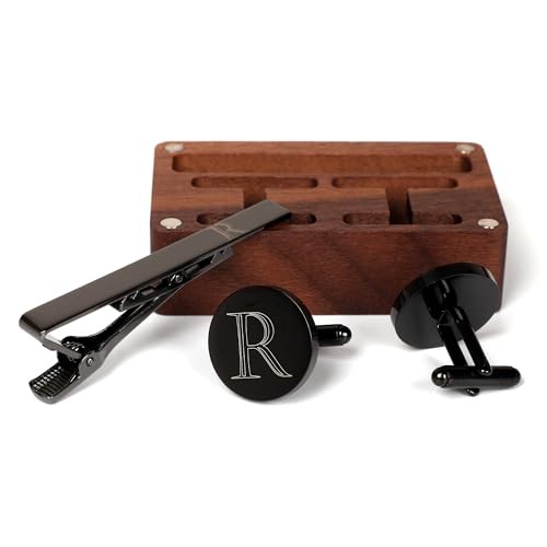 Mens Initial Cufflinks and Tie Clip A-Z Alphabet Letter Black Classic-R