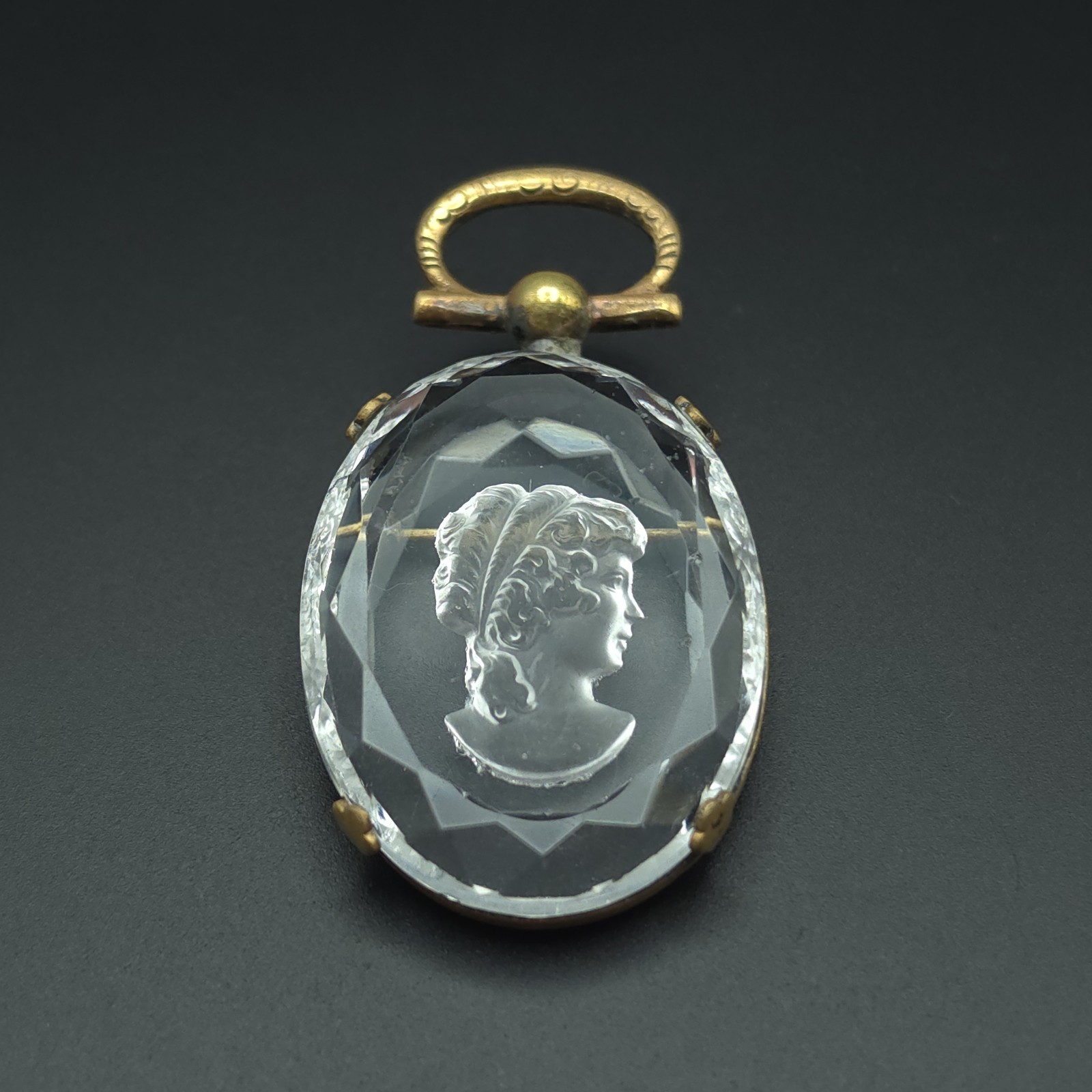 Antique Victorian Reverse Carved Crystal Intaglio Cameo Brooch Pendant Classical