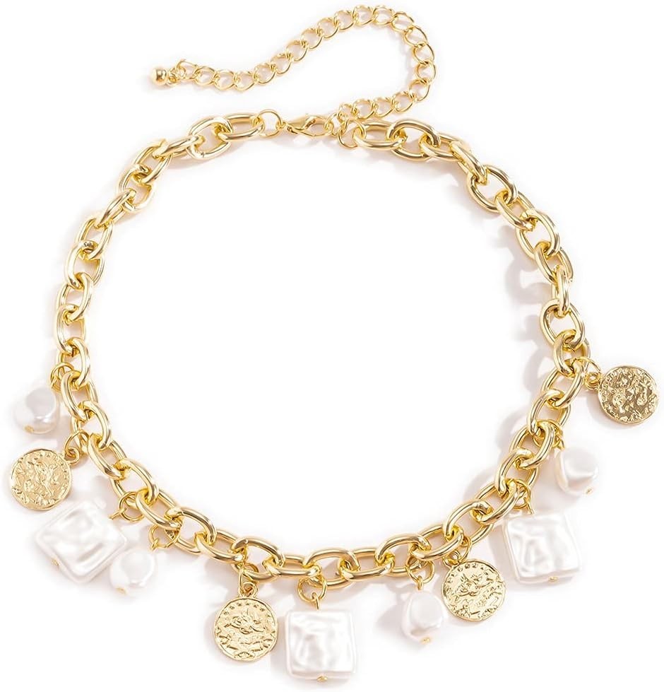Punk Cuban Link Chain Choker Necklace with Irregular Pearl Coin Tassel Carved