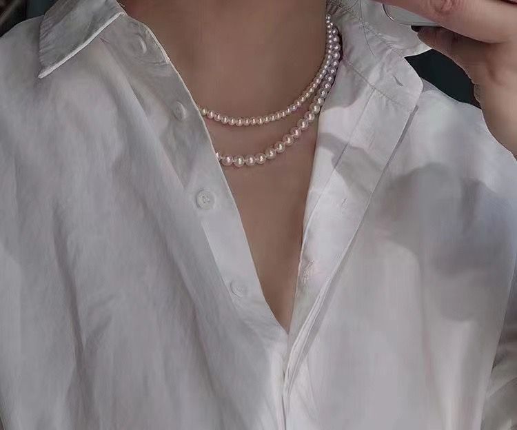 2 Rows 6mm 8mm Round White South Sea Shell Pearl Faux Pearl Necklace 18-20”
