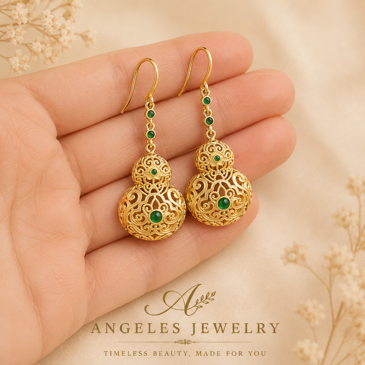 Jade Drop Dangle Earrings Hollow-carved Gourd Gemstone Ear Hook 18K Gold Plated