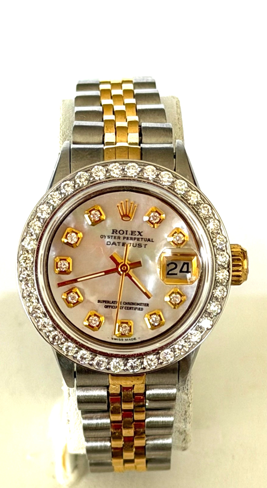 ROLEX LADIES WATCH DATEJUST TWO TONE 18K. GOLD MOP DIAMOND DIAL & DIAMOND BEZEL