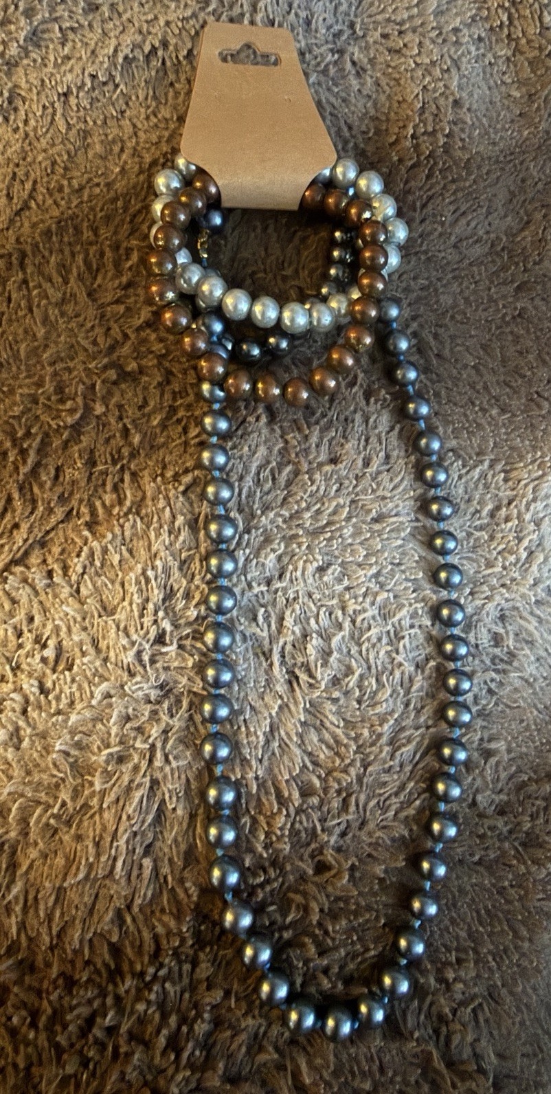 Gray Faux Pearl Beaded Necklace on Ball/Bead Chain & 3 Bracelets Brown/Gray