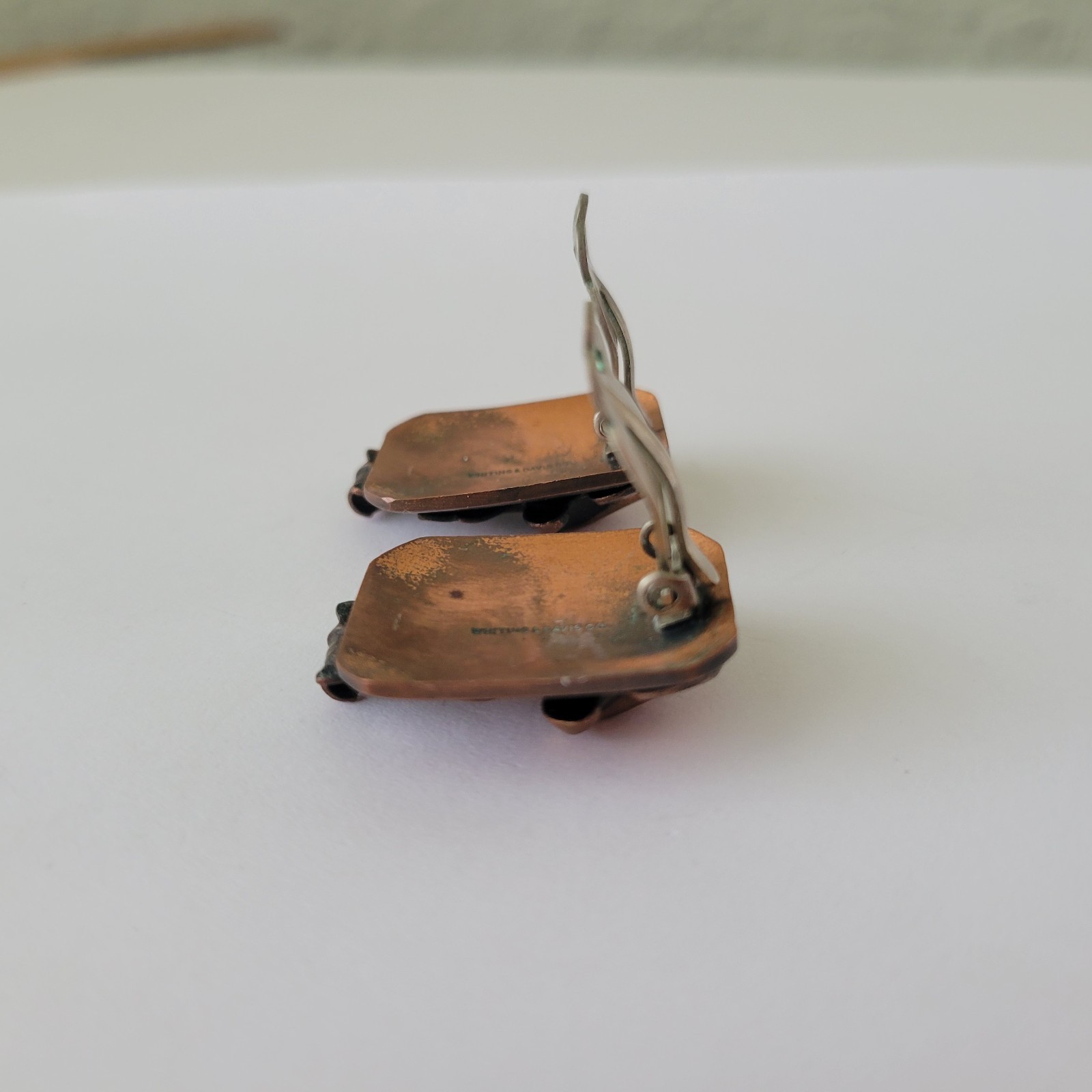 Vintage Signed Whiting & Davis Copper Clip On Earrings Art Beauty