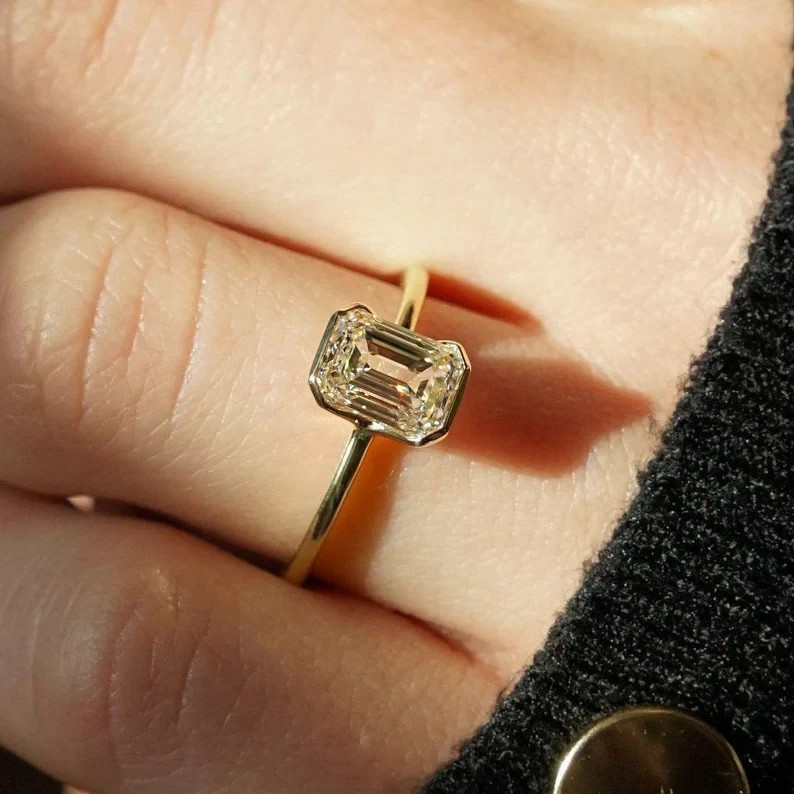2Ct Emerald Cut Real Moissanite Bezel Engagement Ring 14K Yellow Gold Plated
