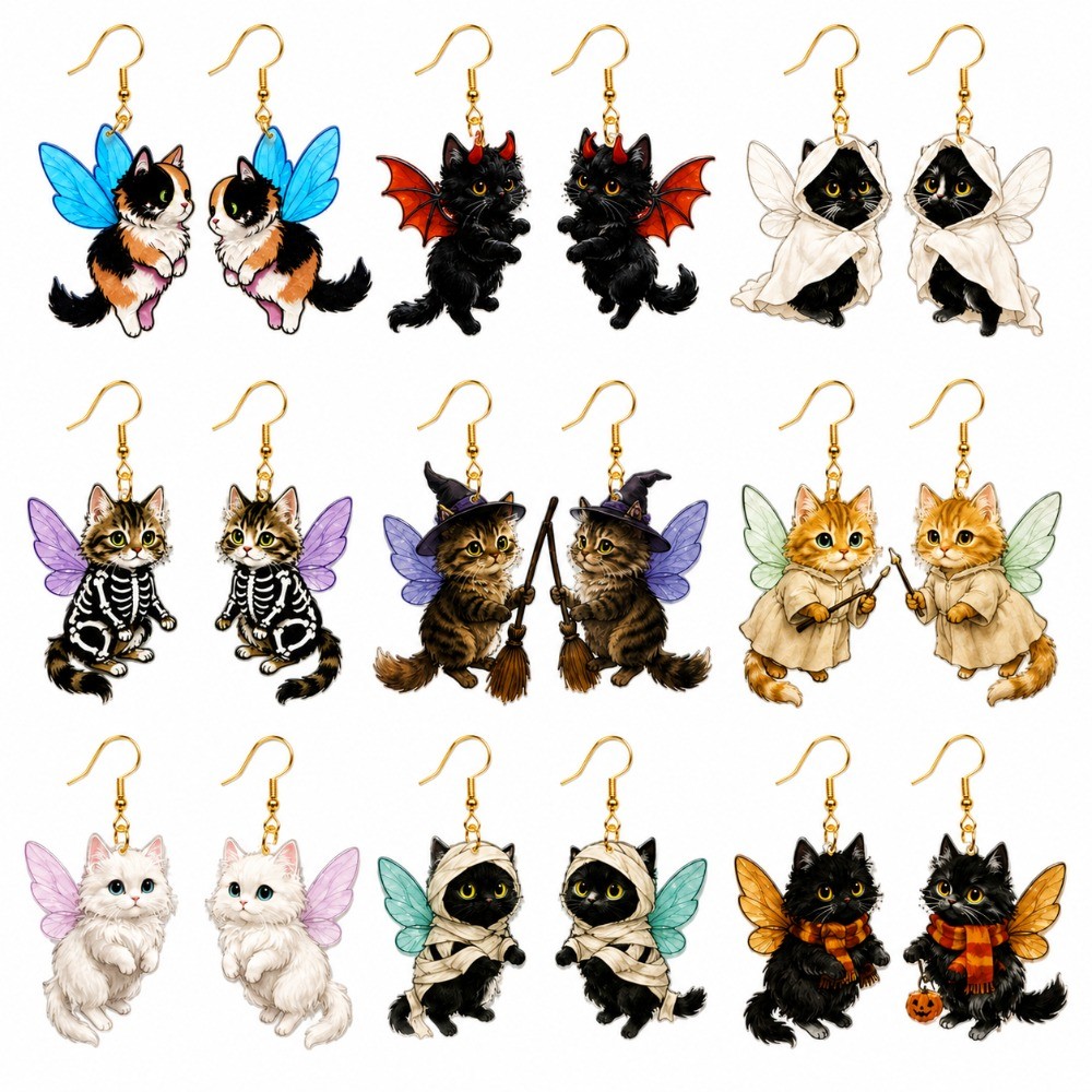9 Pairs of Creative Winged Cat Acrylic Earrings,fun Cartoon Cat Acrylic Earrings