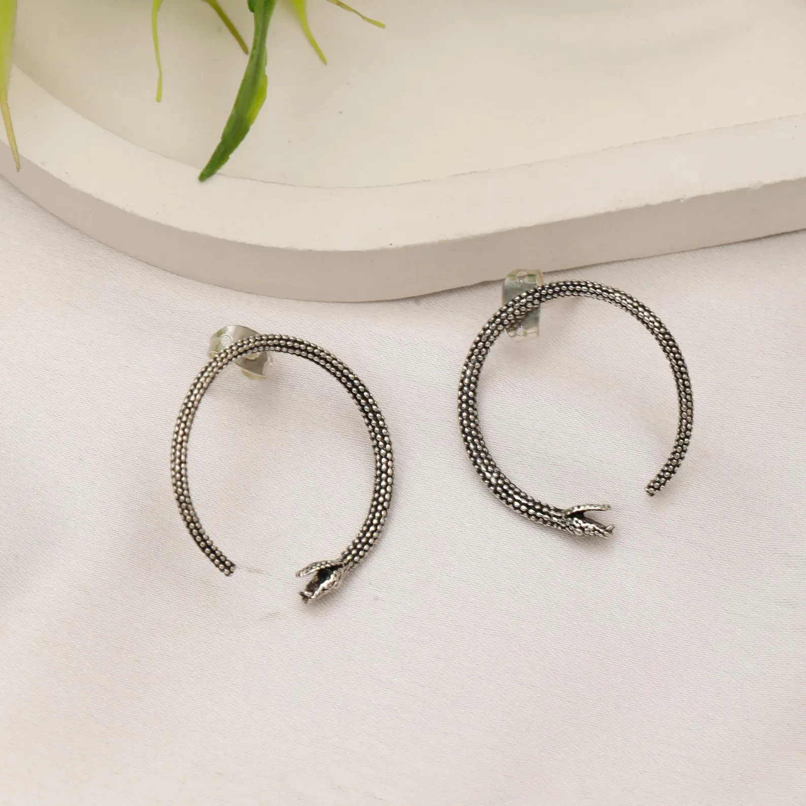 Rounded Ouroboros Brass Silvered Stud Earrings || Snake Minimaliste Earrings ||