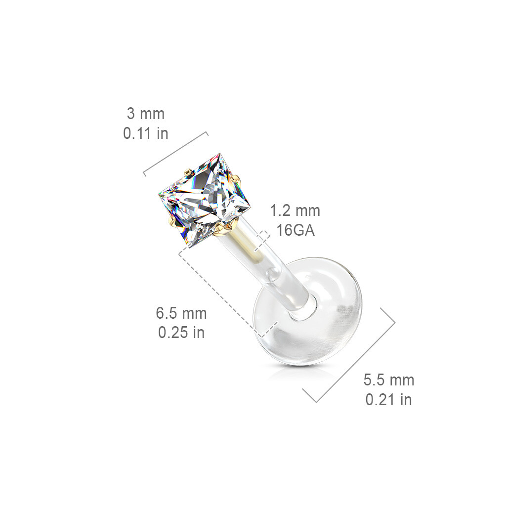 Pair Prong Set Square CZ Bio Flex Push In Ear Cartilage Helix Labret Tragus 16G