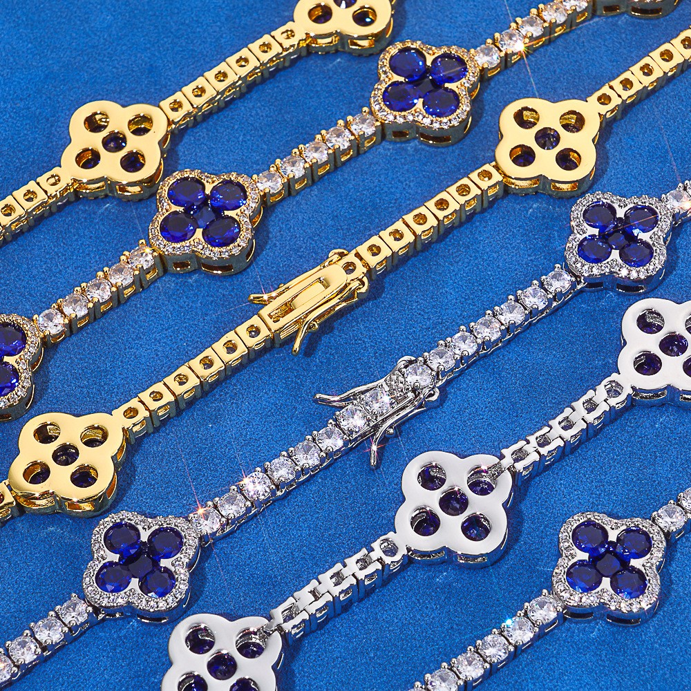 3MM White Gold Plated Four-leaf Clover Tennis Chain Choker Iced CZ Out Bracelet