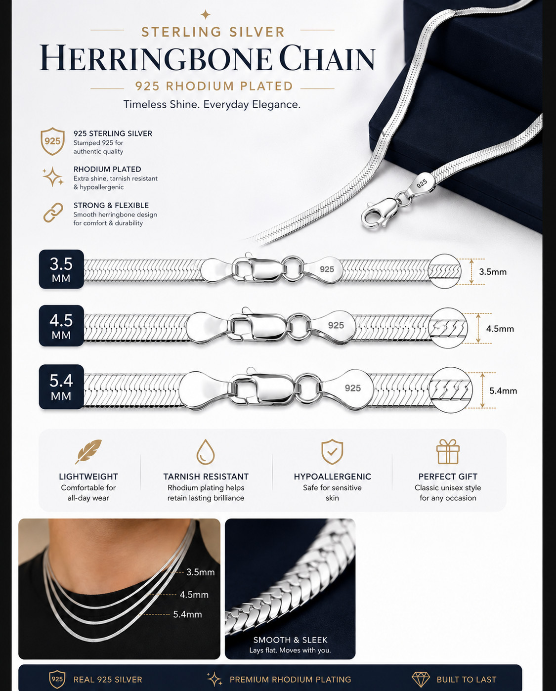 Magic Flex Herringbone Chain Rhodium Plated 925 Sterling Silver Italy 3.5-5.4mm