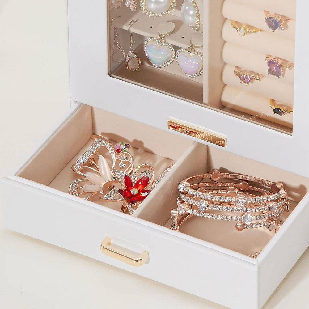 White 7 In. X 9 In. Polyurethane Modern Jewelry Box with 3-Drawers