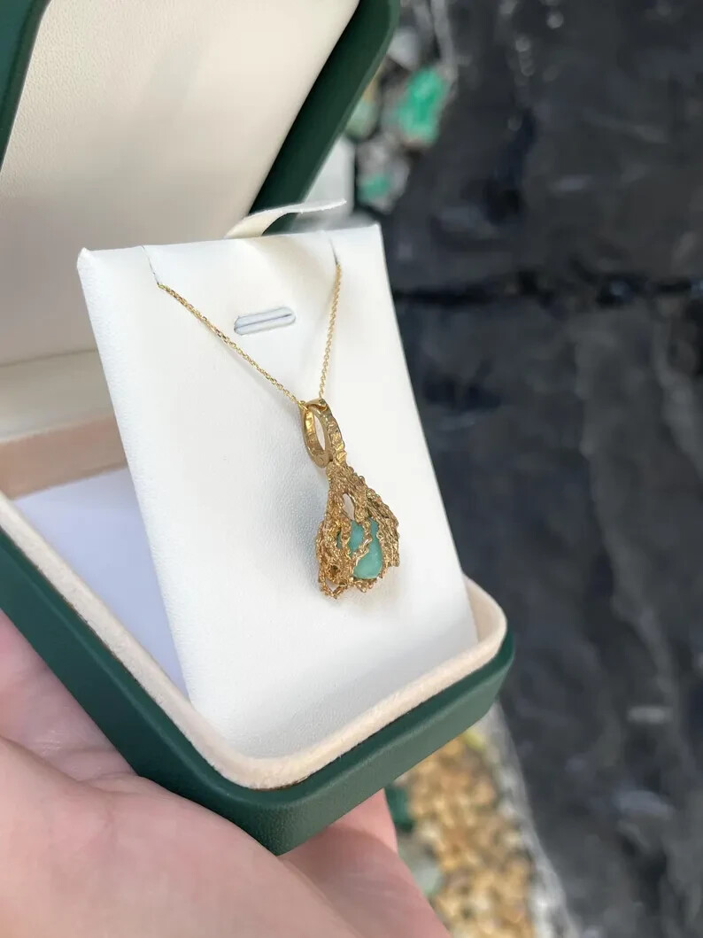 6.80 Carat Colombian Emerald Sphere Cabochon Nugget Cage Pendant Gold 14K