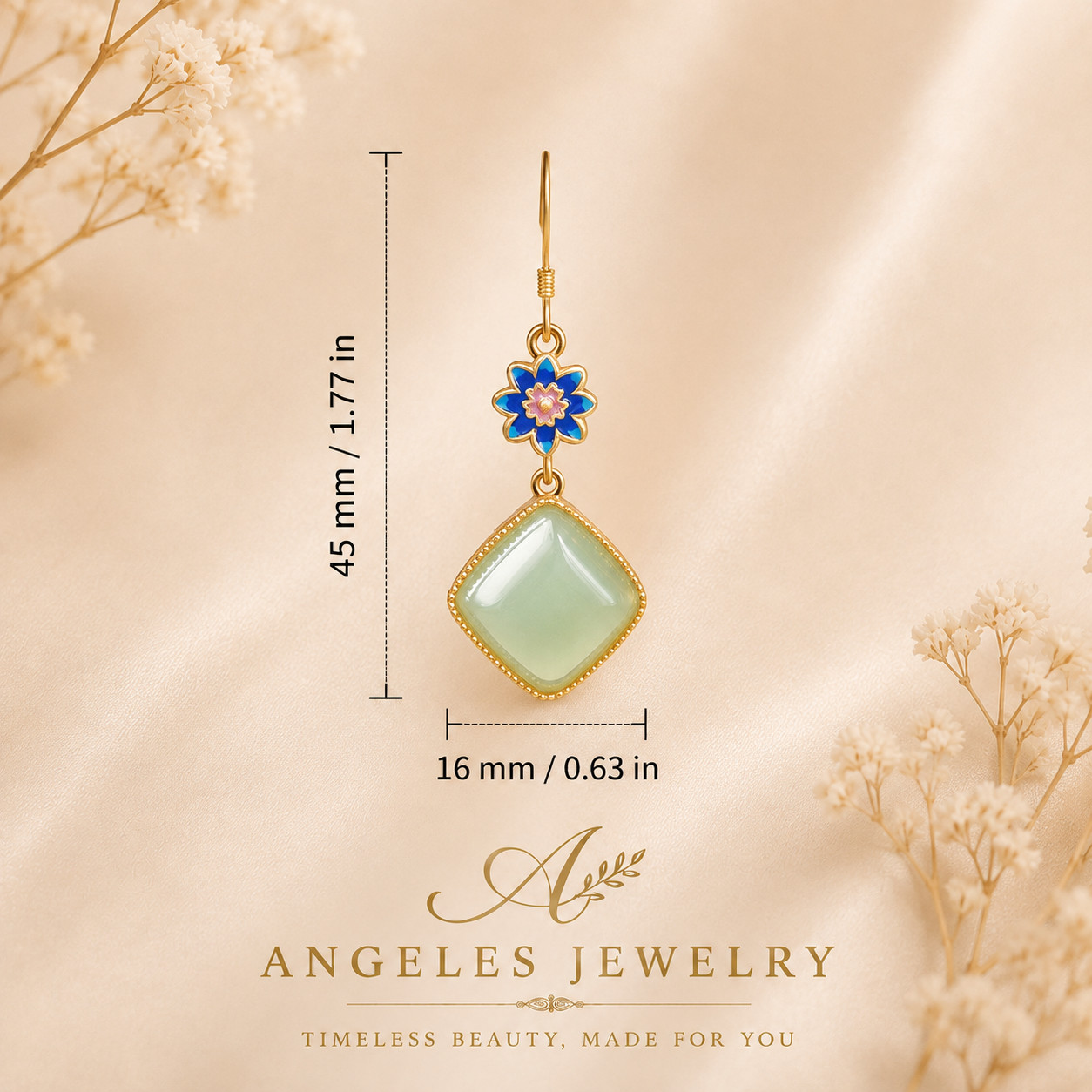 Jade Drop Dangle Earrings Flower Gemstone Boho Minimalist Hook 18K Gold Plated