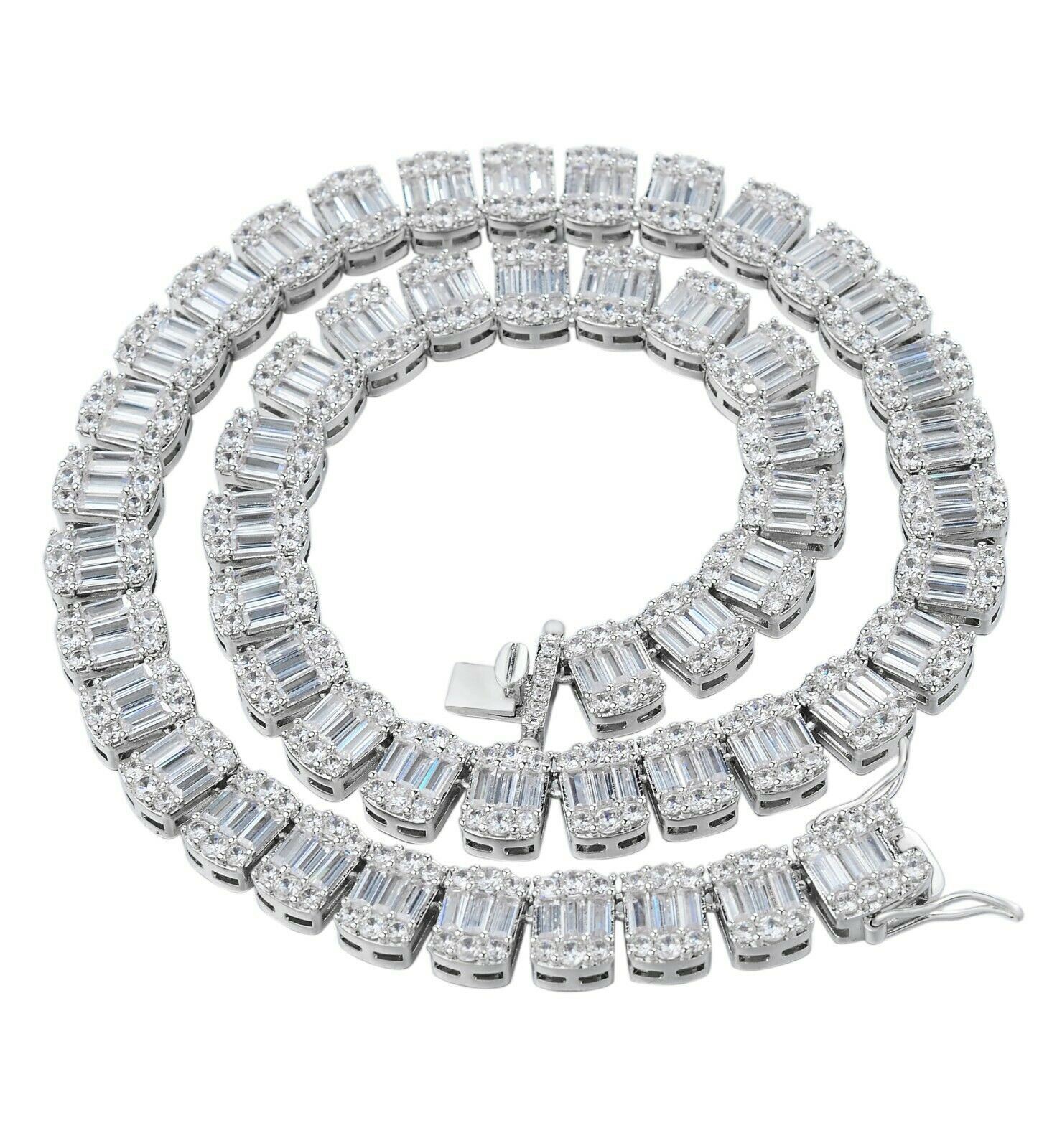 Solid 925 Sterling Silver Baguette Tennis Chain Bracelet Real Iced CZ