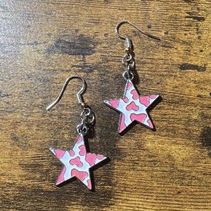 Handmade Western Women’s Girly Cowgirl Pink and white Cow Star Print Earring