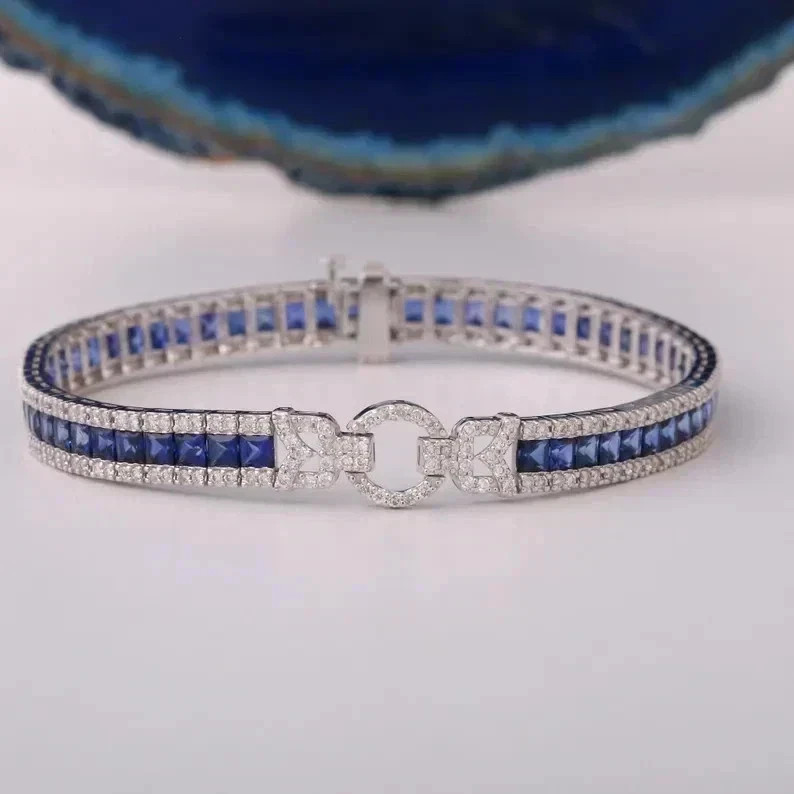 12ct Lab Created Princess Cut Blue Sapphire 14K Gold Plated 925 Tennis Bracelet