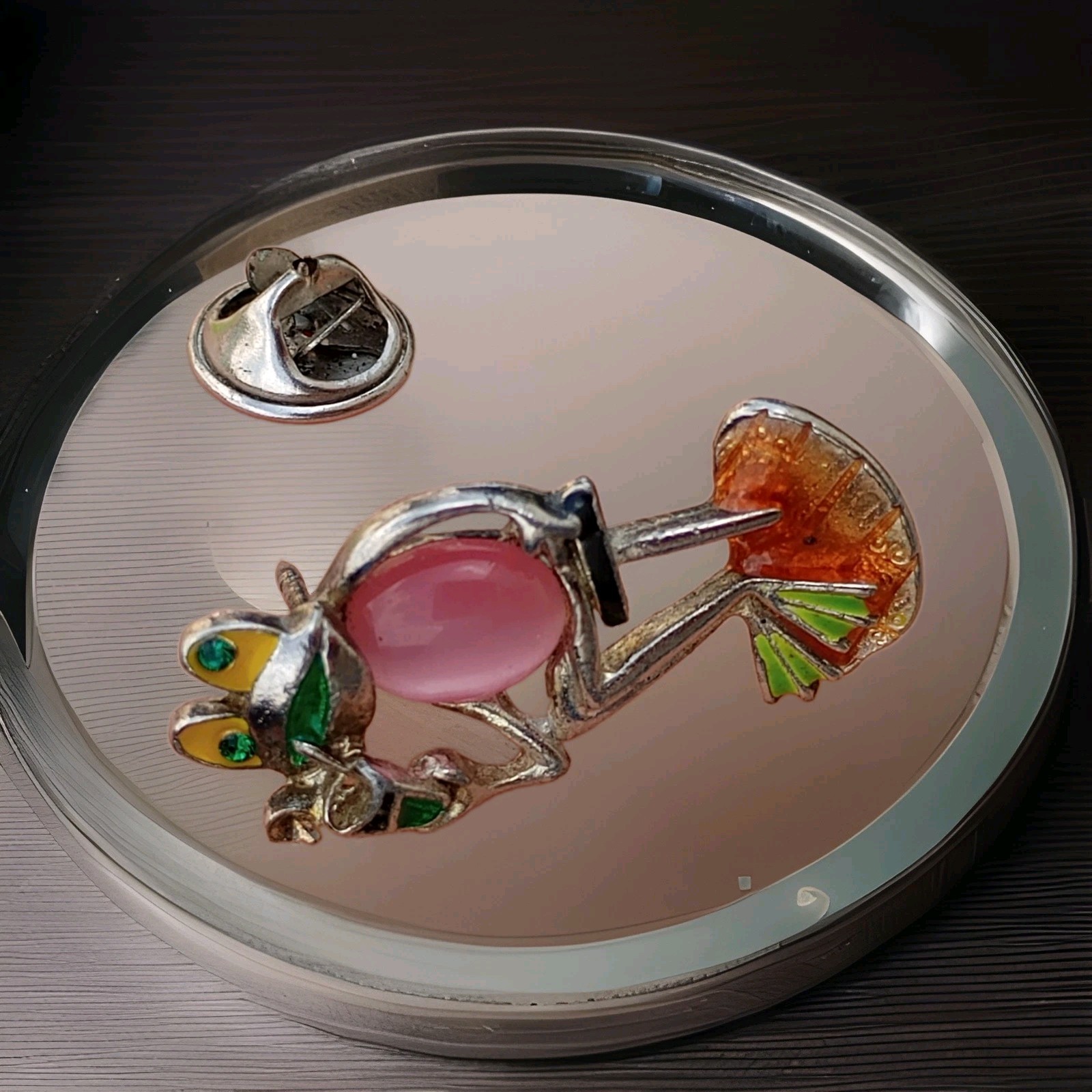 Vtg Jelly Belly Cocktail Frog Brooch Pin Pink, Enamel Cabochon Unbranded *MINT*