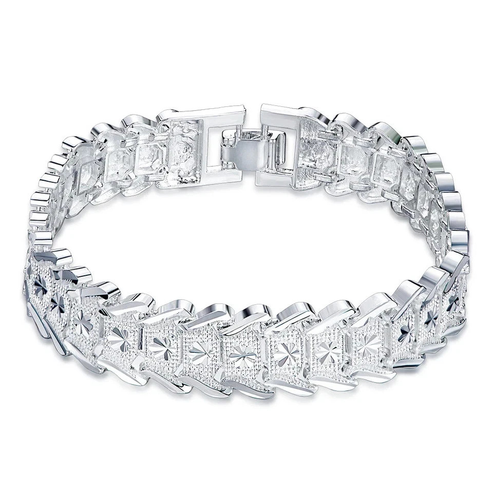 925 Sterling Silver Flower Pattern Wide Wristband Bracelet 20cm 7.9 Inch