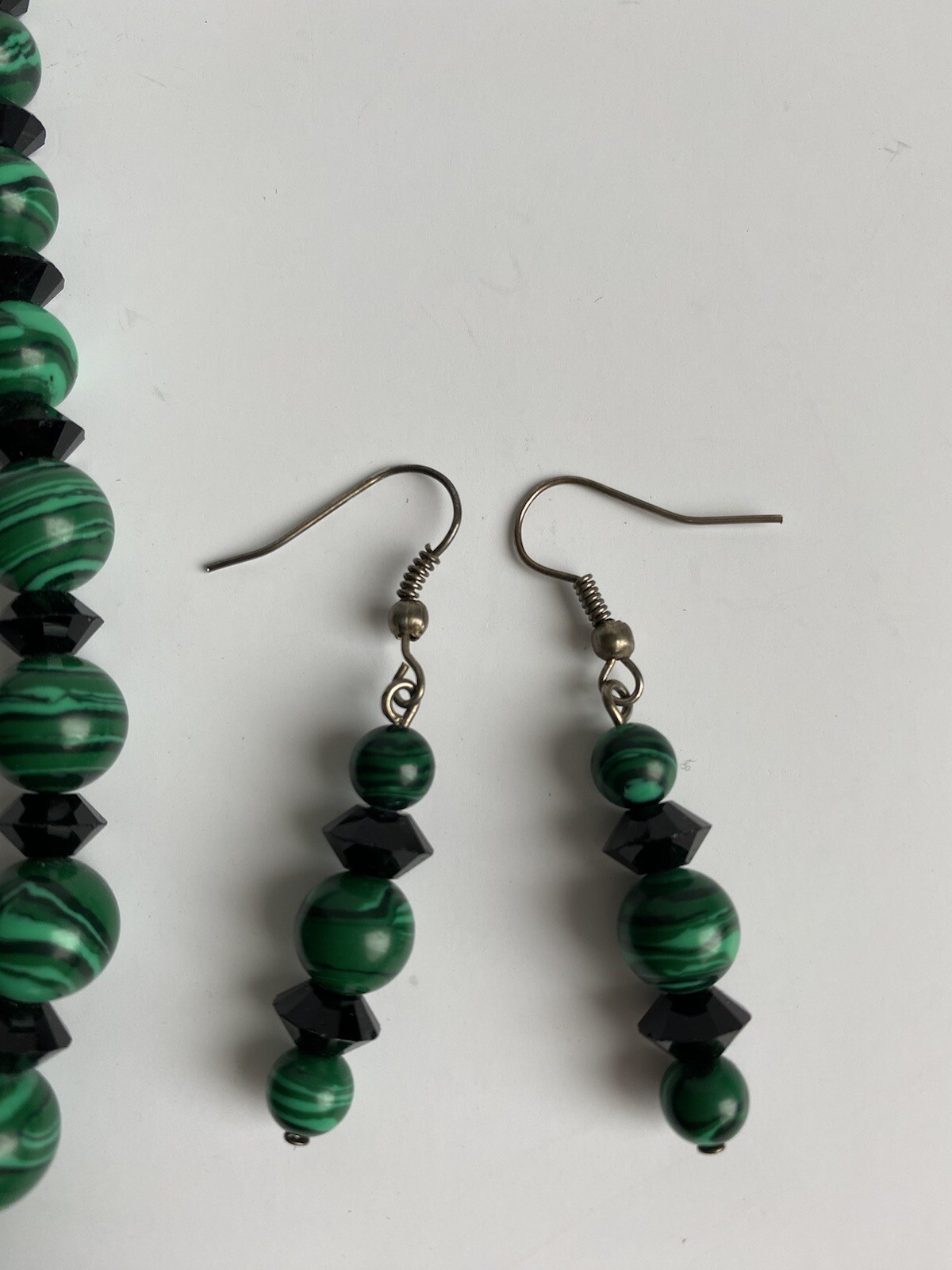 Malachite Gemstone Bead Necklace w/Black Crystals 22”L + Earrings EXCELLENT