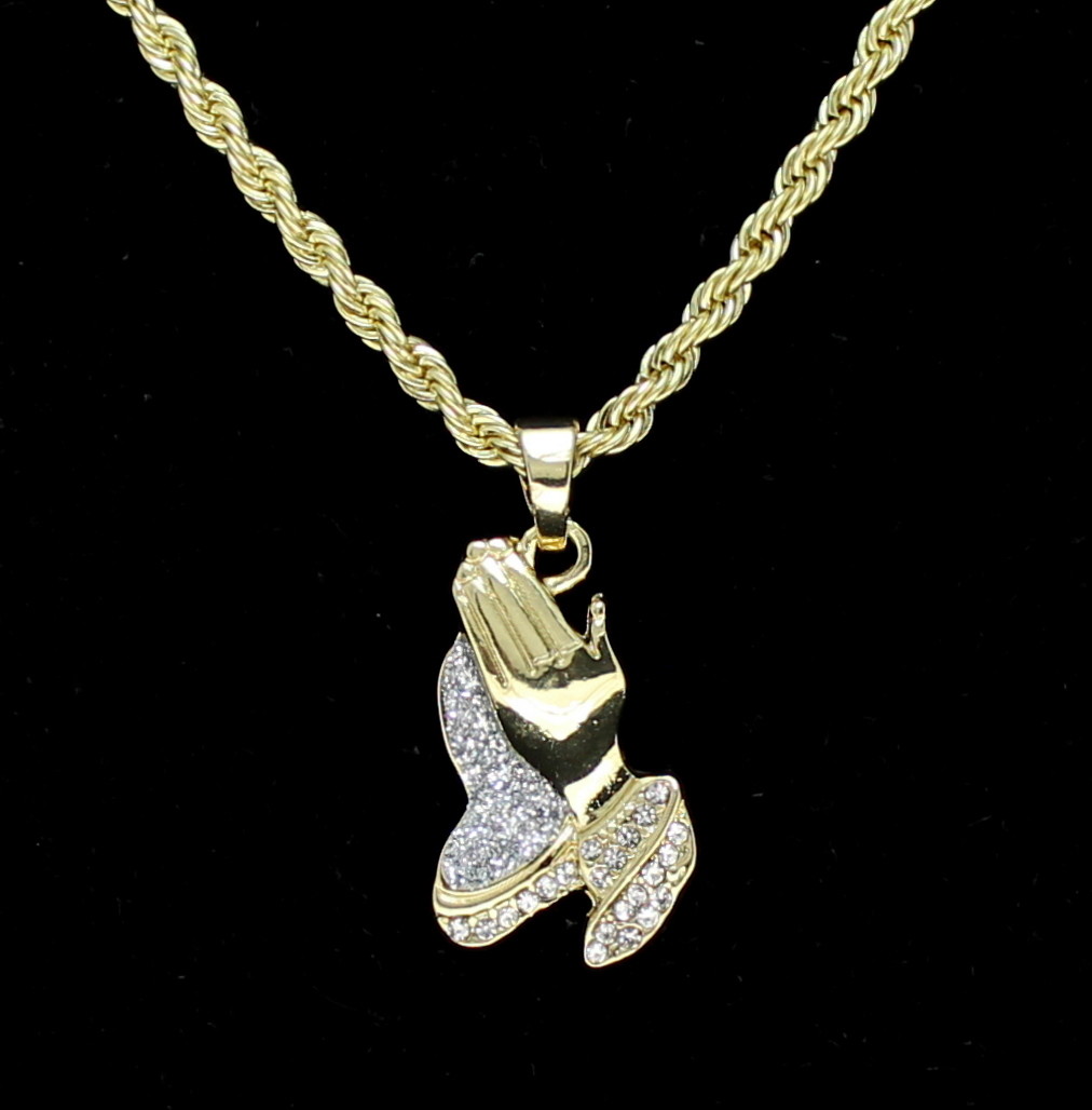 14k Gold Plated Praying Hands CZ Pendant 20″ Rope Chain Hip Hop Necklace