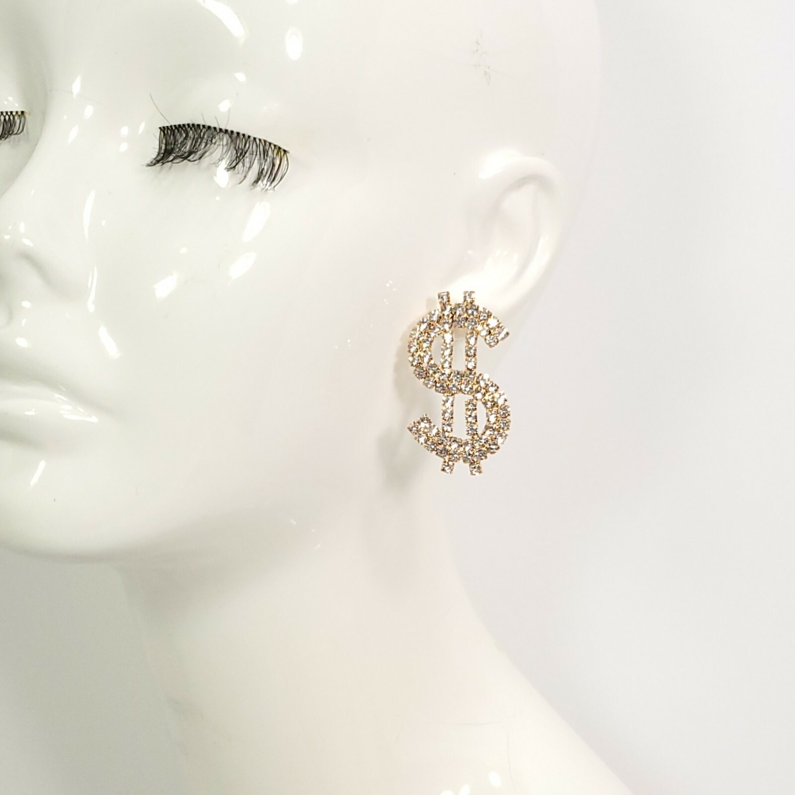 E0224 Bling Clear Rhinestone Gold Tone US Dollar Money $ Sign Drop Post Earrings