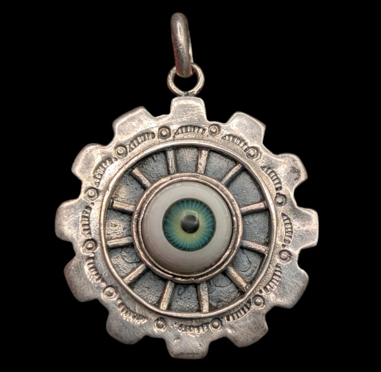 Sterling Silver 925 Evil Eye Good Luck Protection Stamped Steampunk Gear Pendant