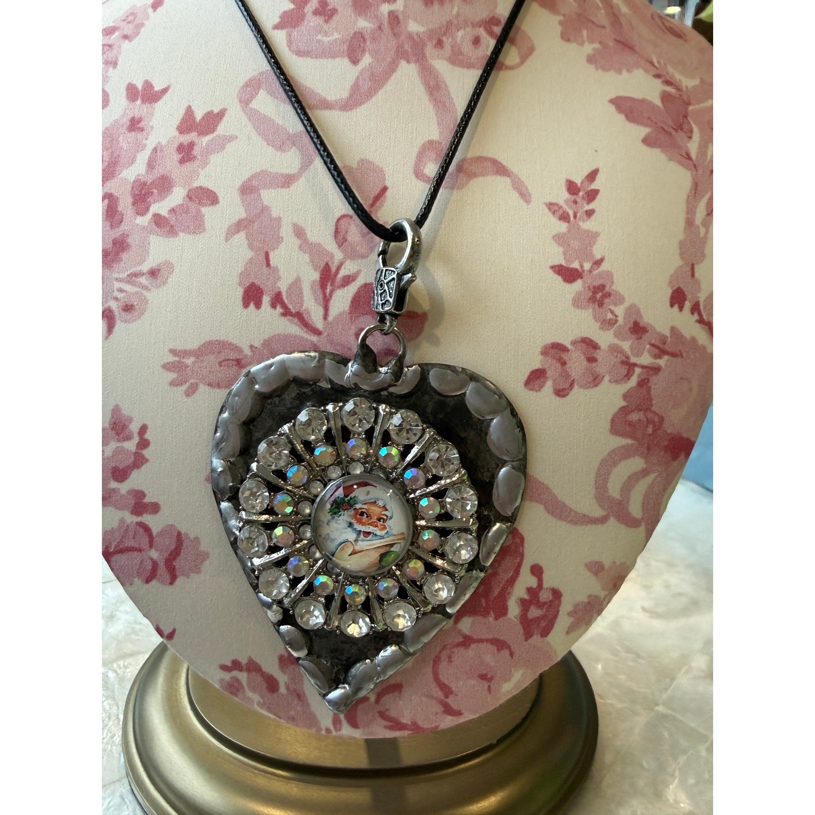 Santa Christmas St. Nicholas Art Necklace w Pendant Sparkly Vintage Style