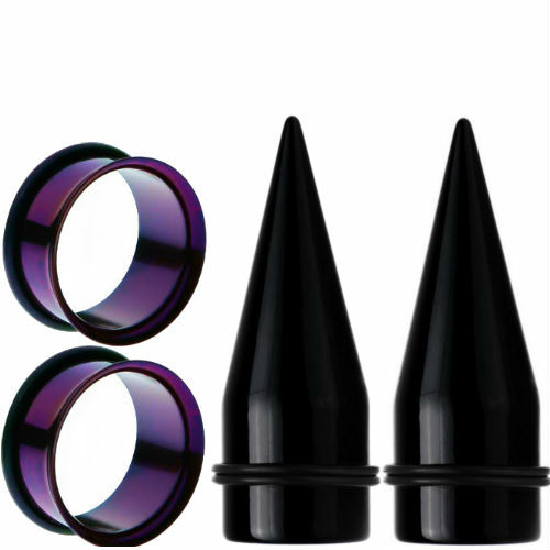 LARGE- 2-EAR GAUGING STRETCHING TAPERS & 2 STEEL PLUGS 4 PIECES TOTAL-UP TO 25MM