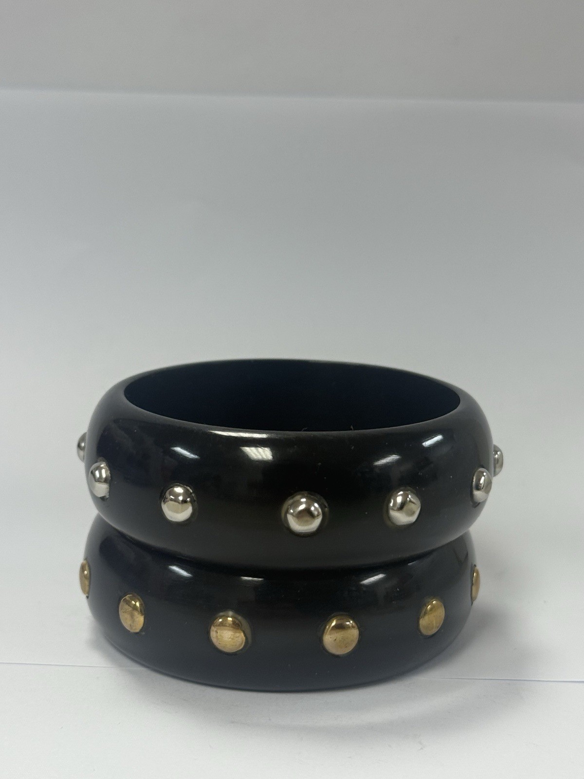 Beautiful Set Of 2 Retro Bangle/ Bracelet Black With Gold And Sliver Studs