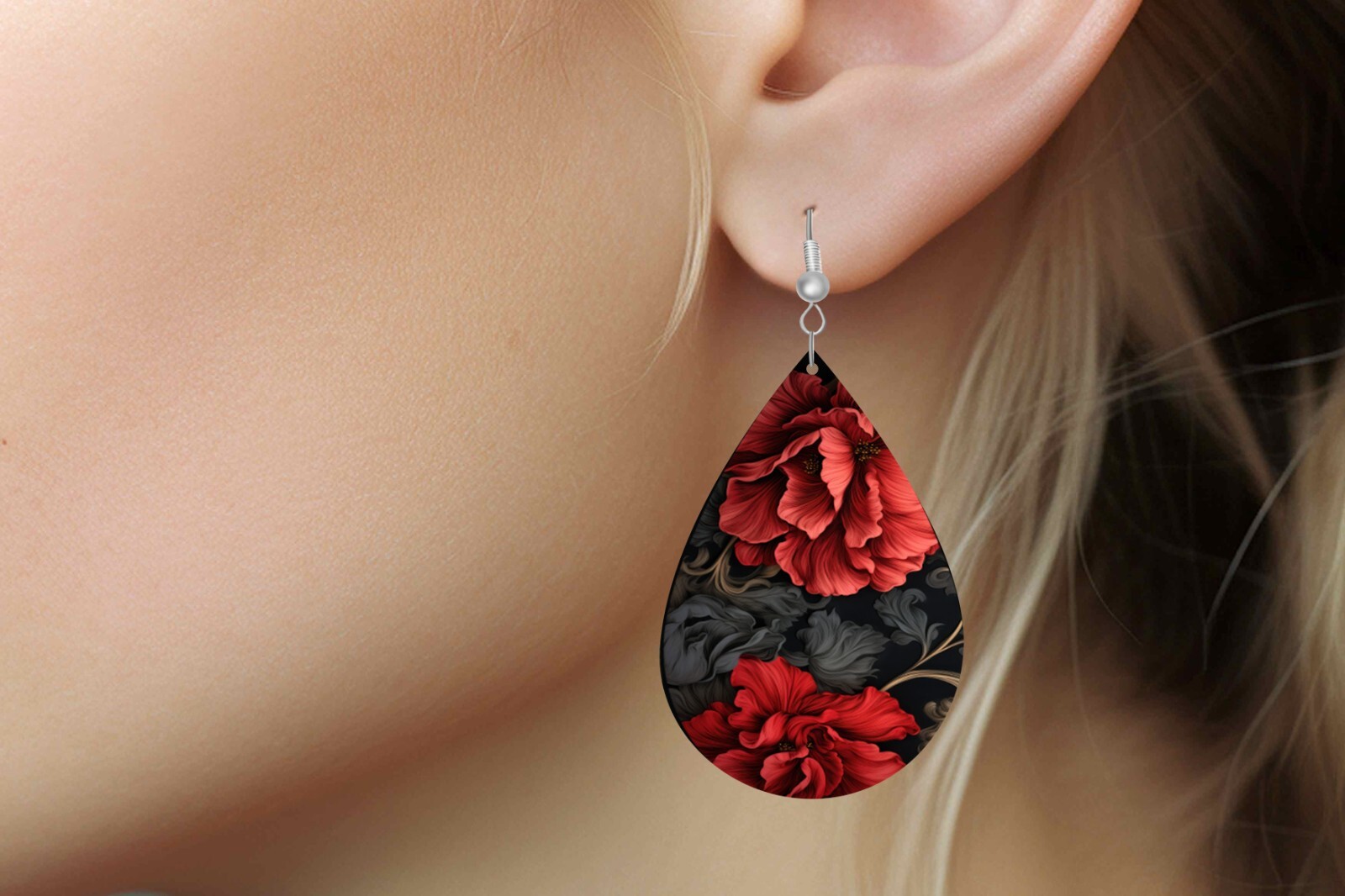 Ruby Red and Black Floral Wood Dangle Teardrop Print Earrings Jewelry