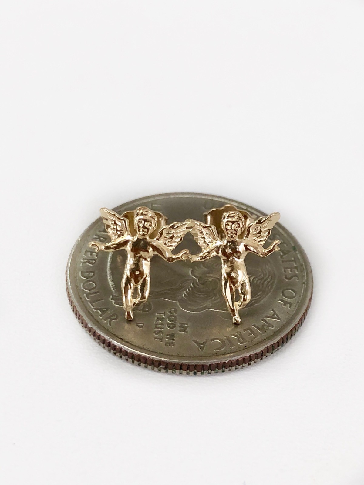 14k Solid Yellow Gold Angel Stud Earrings Push Back