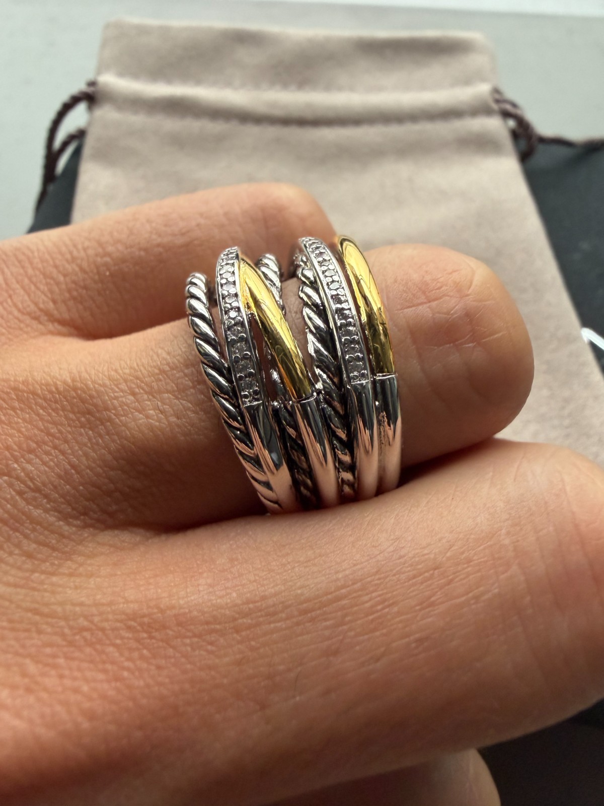 David Yurman Crossover Seven Row Ring 925 w/ 18K Gold & Diamonds Size 9