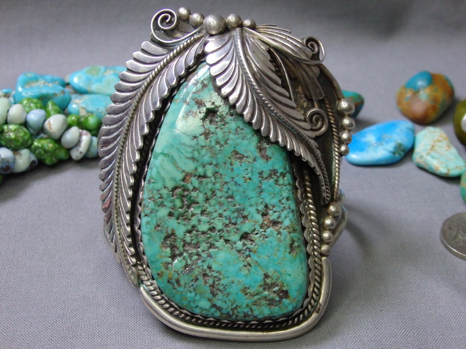 NAVAJO D. Lister KINGMAN TURQUOISE Sterling Silver SQUASH BLOSSOM 110g Bracelet