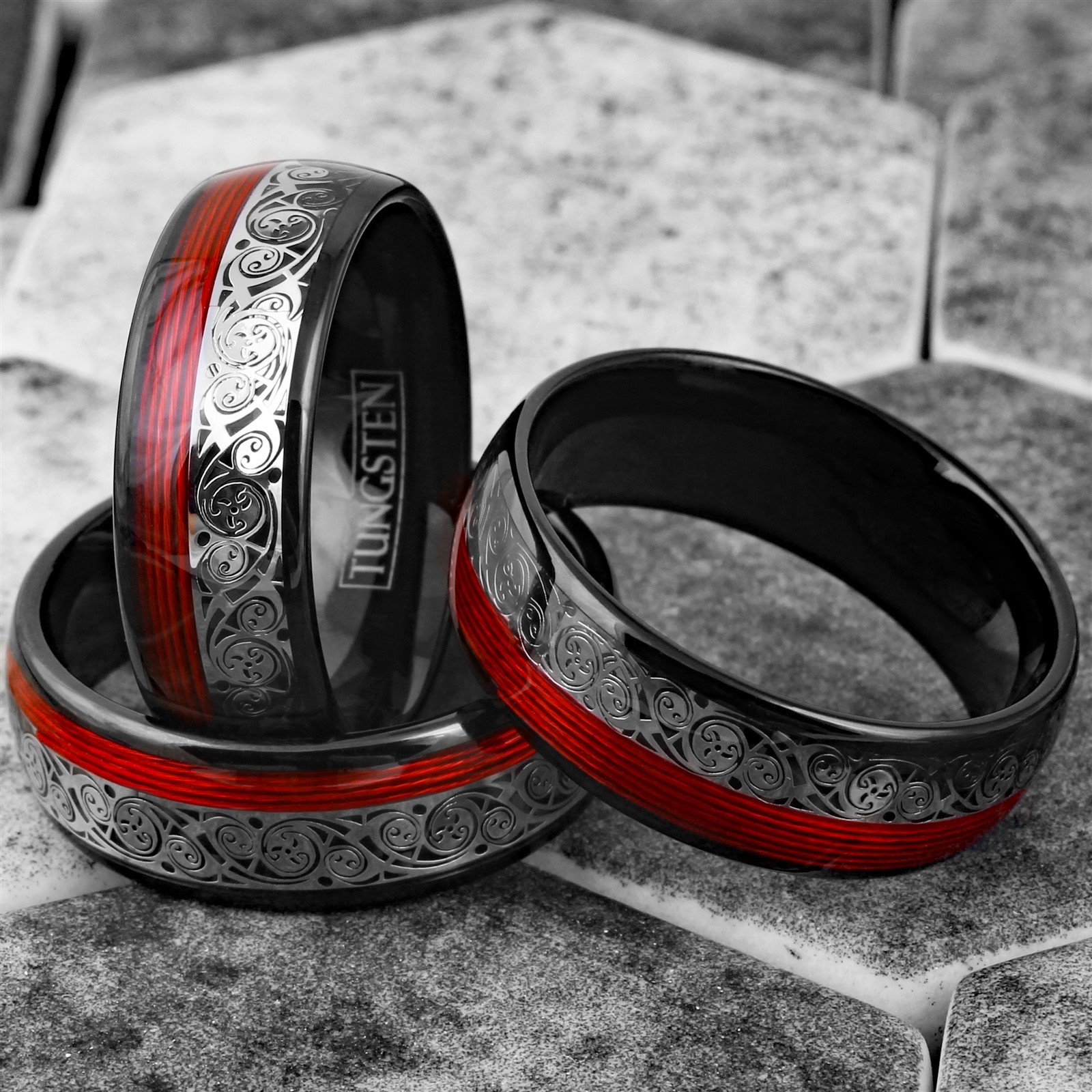 Black Men’s Tungsten Carbide Clockwork Gears & Red Wire Wedding Band Ring
