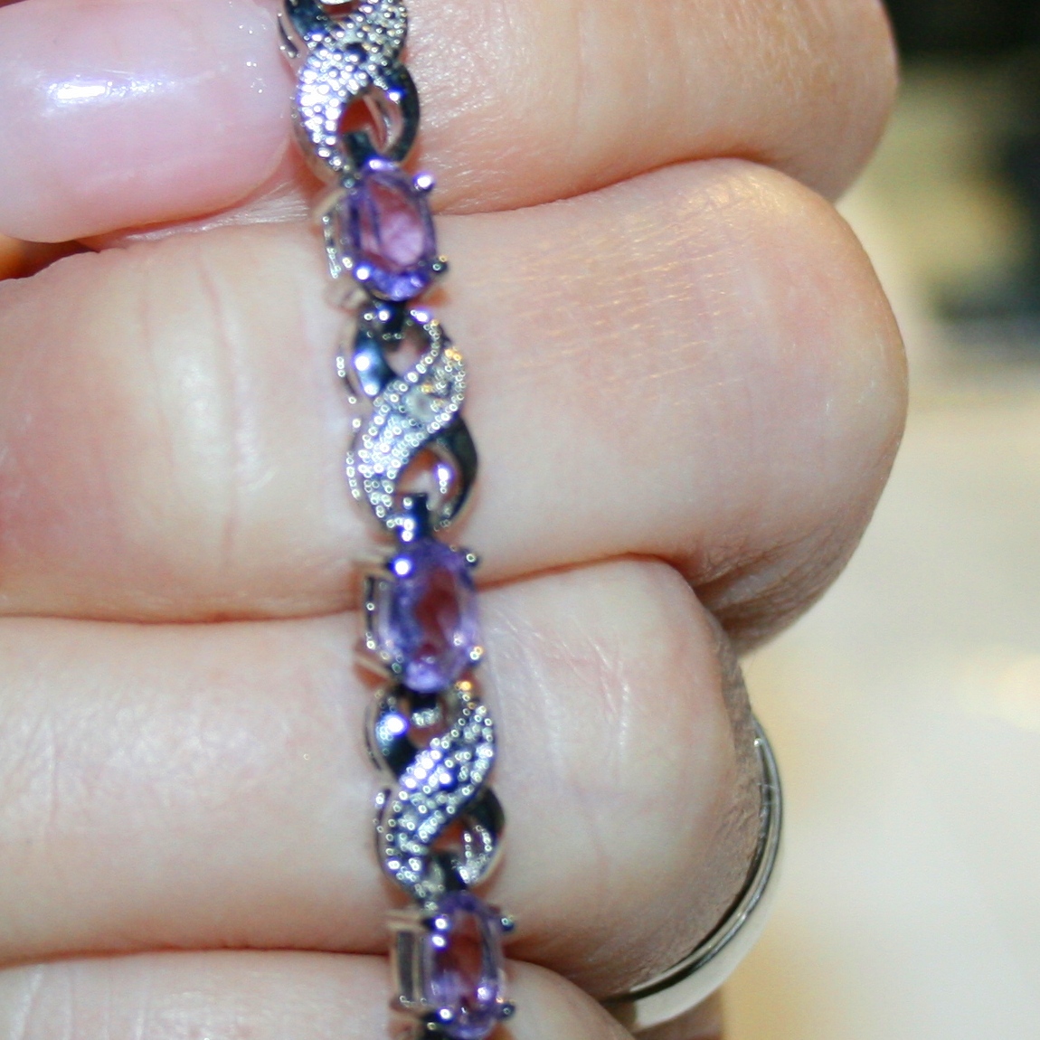 Purple Amethyst Tiny Diamond XO Tennis Bracelet 14k White Gold over Base 7.5 In