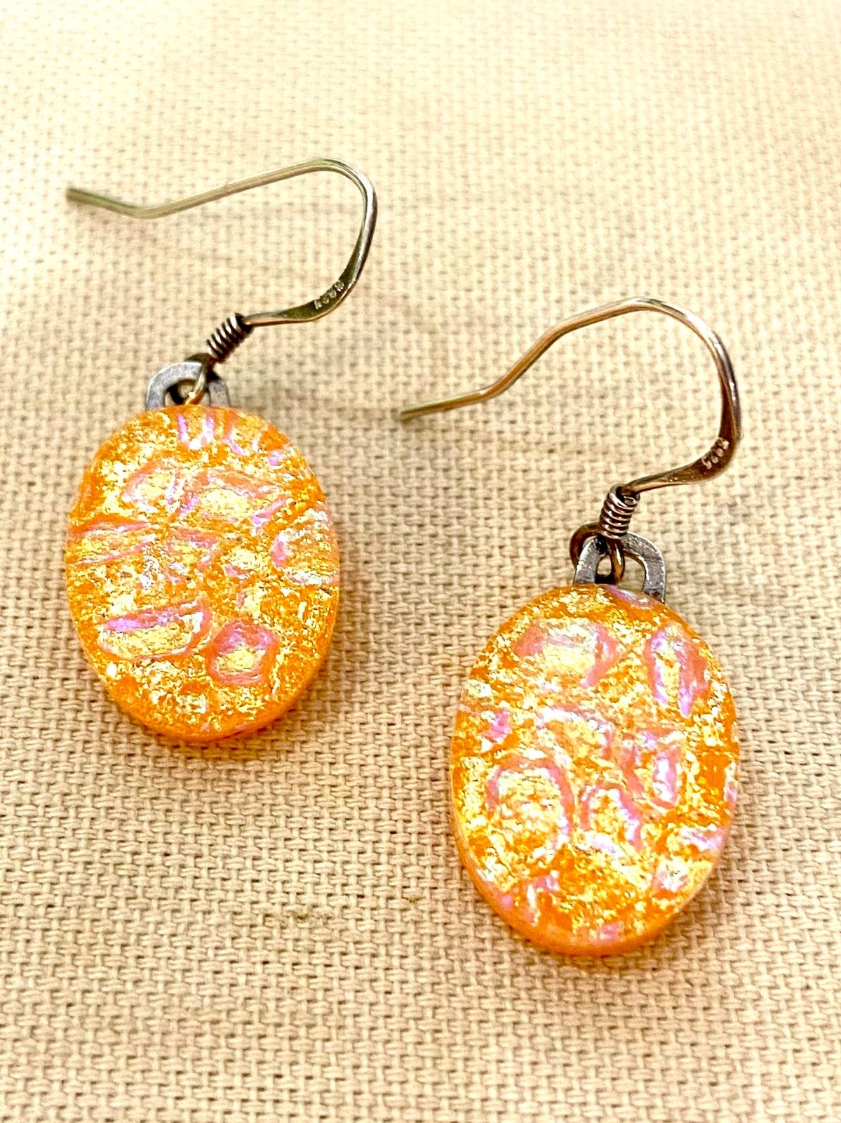 Orange Fused Dichroic Art Glass Dangle Earrings – Sterling Silver Ear Wires
